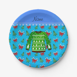 Name green ugly christmas sweater blue candy canes paper plate