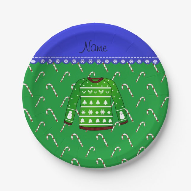 Name green ugly christmas sweater candy canes paper plate (Front)