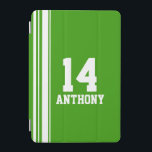 Name green & white sport name number ipad cover<br><div class="desc">Orange and white sports style ipad case cover. In a sports shirt style Customise with the name and special age, year or lucky number of your choice. Case currently reads: Anthony 14. *Please note some names will not always fit due to the nature of the font. A perfect gift for...</div>