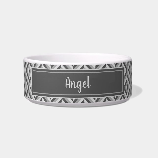Name Grey Three-Tone Diamond Pattern Pet Bowl (Front)