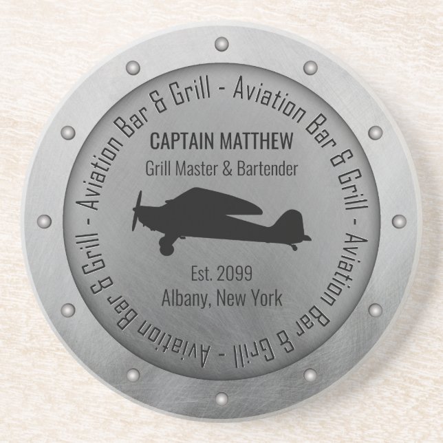 Name Grill Master Bartender Aviation Bar & Grill Coaster (Front)