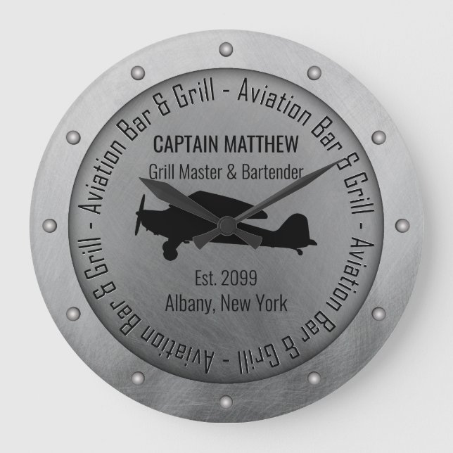 Name Grill Master Bartender Aviation Bar & Grill Large Clock (Front)