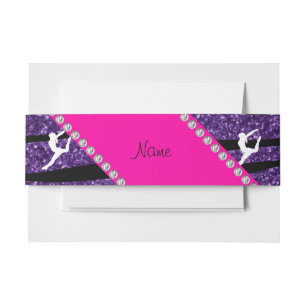 Name gymnast purple glitter zebra stripes invitation belly band
