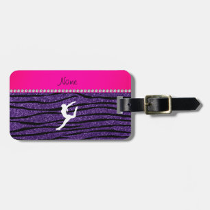 Name gymnast purple glitter zebra stripes luggage tag