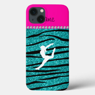 Name gymnast turquoise glitter zebra stripes iPhone 13 case