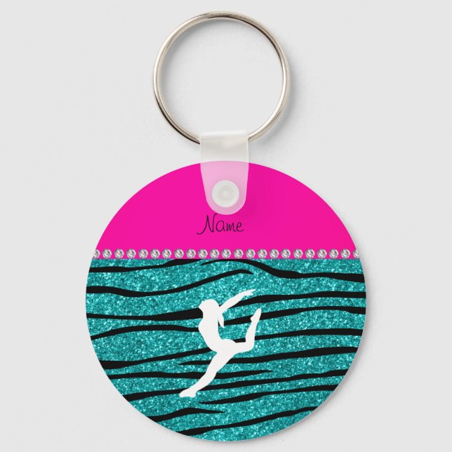Name gymnast turquoise glitter zebra stripes key ring (Front)