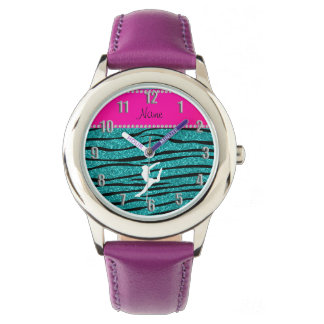 Name gymnast turquoise glitter zebra stripes watch