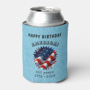 Name, Happy Birthday America Sky Blue Denim Print Can Cooler