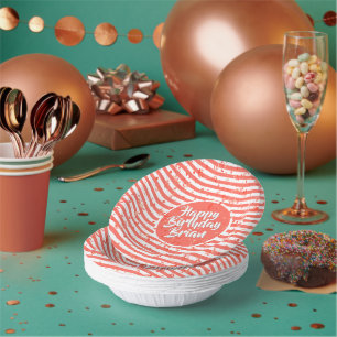 Name   Happy Birthday Coral Simple Stripes Pattern Paper Plate