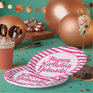Name Happy Birthday Fuchsia Simple Stripes Pattern Paper Plate