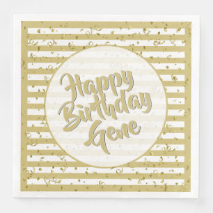 Name Happy Birthday Gold/White Stripes Pattern Napkin
