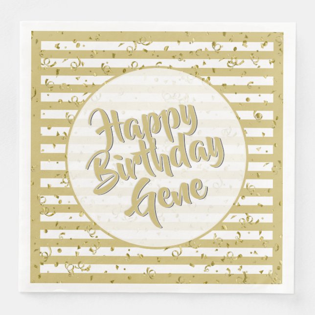 Name Happy Birthday Gold/White Stripes Pattern Napkin (Front)