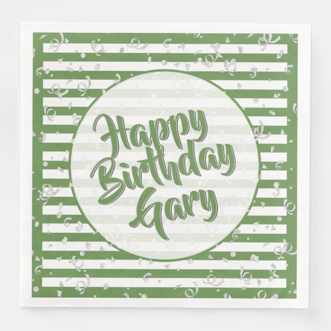Name Happy Birthday Green Simple Stripes Pattern Napkin (Front)