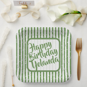 Name Happy Birthday Green Simple Stripes Pattern Paper Plate