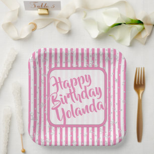 Name Happy Birthday Pink Simple Stripes Pattern Paper Plate