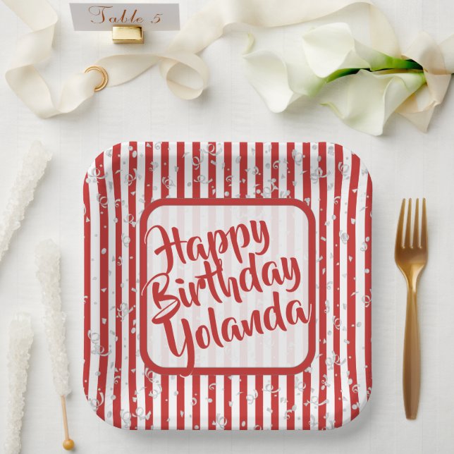 Name Happy Birthday Red Simple Stripes Pattern Paper Plate (Wedding)