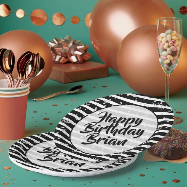Name | Happy Birthday Simple Stripes Pattern Black Paper Plate (Multi)