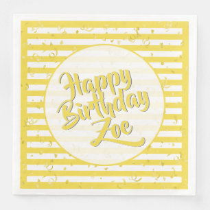 Name Happy Birthday Yellow Simple Stripes Pattern Napkin