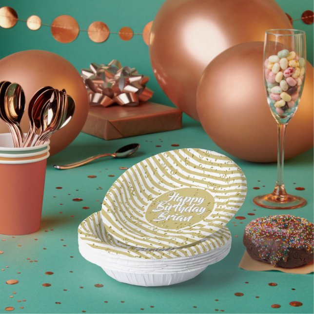 Name Happy Birthday Yellow Simple Stripes Pattern Paper Plate (Multi)