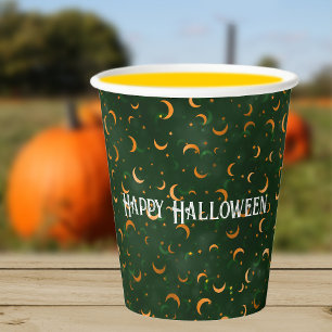 Name, Happy Halloween Crescent Moons Pattern Paper Cups