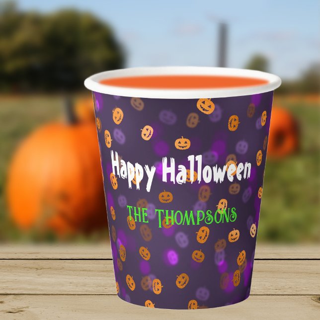 Name, Happy Halloween Smiling Pumpkins Bokeh 8oz Paper Cups (Creator Uploaded)