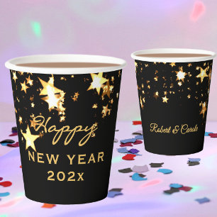 Name, Happy New Year Black & Gold 8oz or 12oz Paper Cups