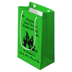 Name, Haunted House Halloween Lime Green Small Gift Bag