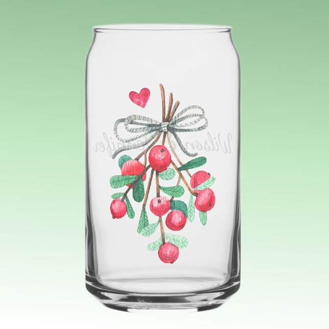 Name, Holiday Watercolor Mistletoe & Berries 16oz Can Glass (Creator Uploaded)