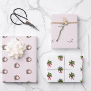 Name, Holly & Berries Bouquet and Wreath 3pc Wrapping Paper Sheet