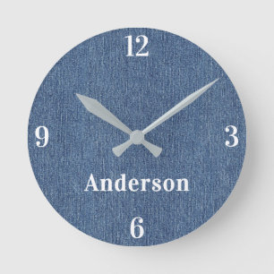 Name Home Office Classic Blue Denim Print 8-in Round Clock