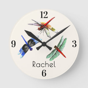 Name Home Office Watercolor Dragonflies 8-in Round Clock