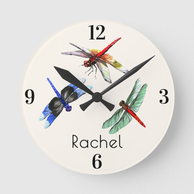 Name || Home Office Watercolor Dragonflies 8-in Round Clock (Front)