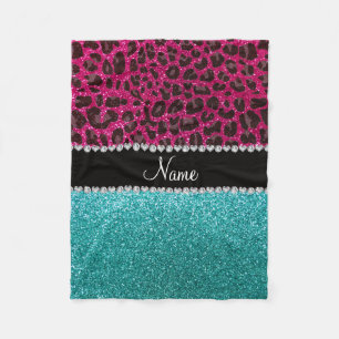 Name hot pink glitter leopard turquoise glitter fleece blanket