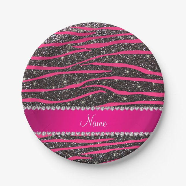 Name hot pink zebra stripes dark grey glitter paper plate (Front)