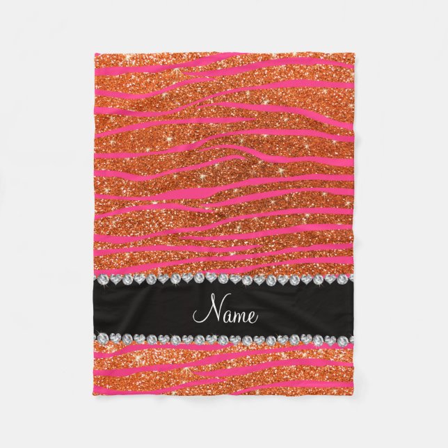 Name hot pink zebra stripes orange glitter fleece blanket (Front)