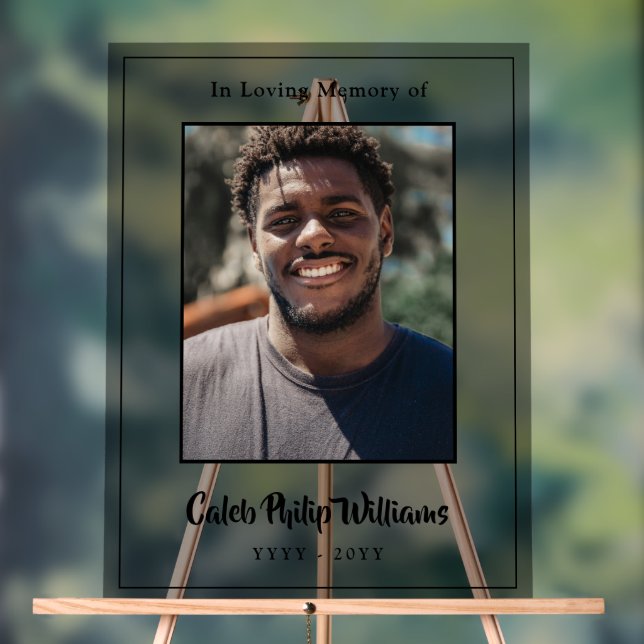 Name In Modern Black Script In Loving Memory Photo Acrylic Sign (Neutral)