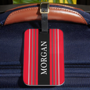 Name in White, Black & Grey Stripes, Red Luggage Tag