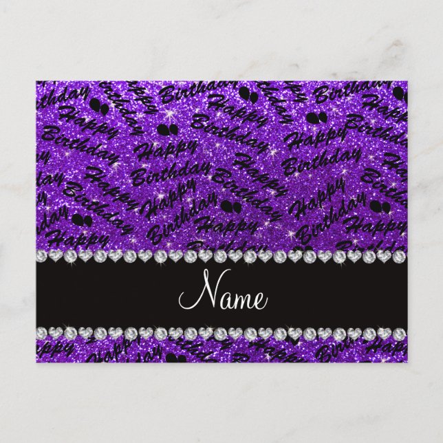 Name indigo purple glitter happy birthday balloons postcard (Front)