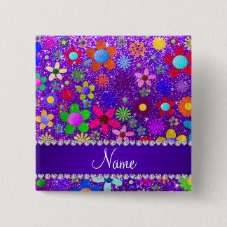 Name indigo purple glitter retro flowers 15 cm square badge