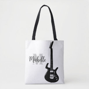name, initial & black treble clef music tote bag