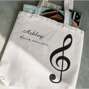 name, initial & black treble clef music tote bag