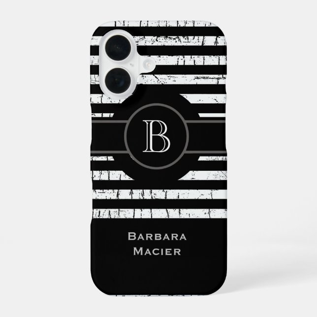Name initial black/white personalised iPhone 16 case (Back)