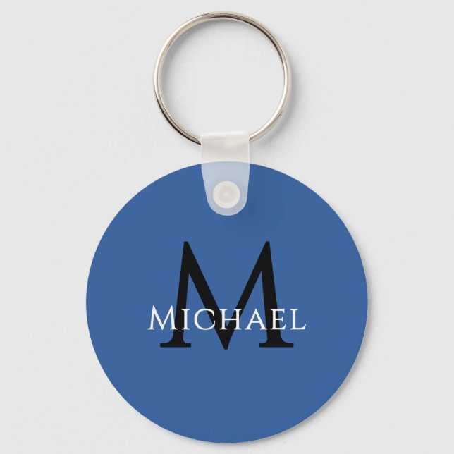 Name Initial Blue Personalized Groomsmen Favor Key Ring (Front)