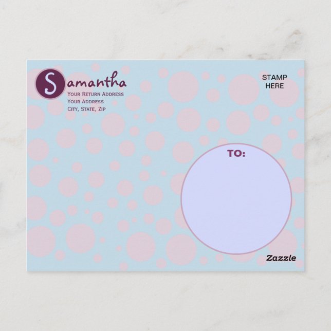 Name Initial Blue Purple Polka Dots Moons Circles  Postcard (Back)