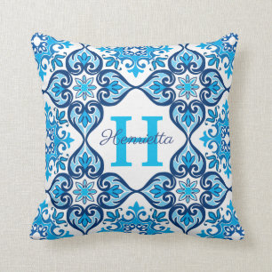 💙🤍 Name + initial blue - white Azulejos X, Cushion