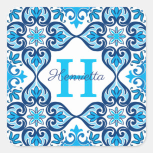 💙🤍 Name + initial blue - white Azulejos X, Square Sticker