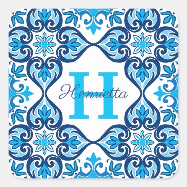 💙🤍 Name + initial blue - white Azulejos X,  Square Sticker (Front)