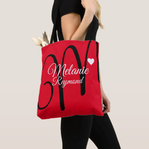 name & initial love heart red tote bag