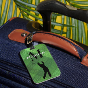 Name, Initial Male Golfer Silhouette Green Plaid Luggage Tag