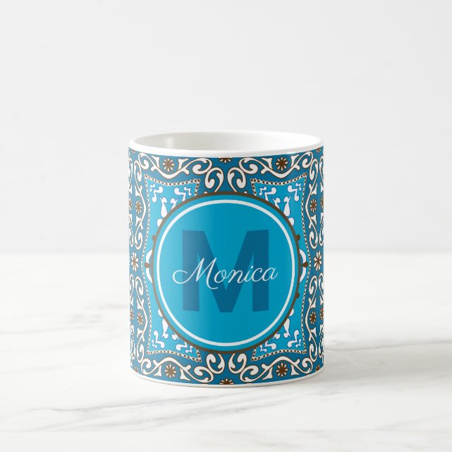 💙🤎 Name + initial turquoise - brown Azulejos, Coffee Mug (Center)